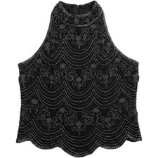 Papell Boutique Evening Silk Beaded Top Black Sleeveless Scallop Hem Womens M picture