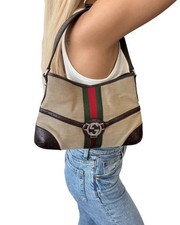 GUCCI Vintage GG Logo Interlocking Web Stripe Canvas Hobo Bag Brown 902209 picture