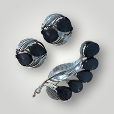 VTG Star Art Brooch & Matching Clip-ON Earrings Silver & Gray Berry Brooch Leave picture