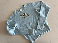 Authentic Vintage 1995 CHANEL Baby Blue Knit Sweater Camellia Flower Pullover 44 picture