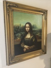 MCM Antique Vtg FRAMED Oil Painting Portrait Canvas Mona Lisa Leonardo Da Vinci picture