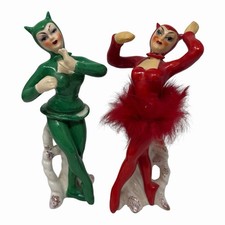 Vintage Sonsco Japan She Devil Ballerina Ceramic Figurine Set Red & Green 1950s picture