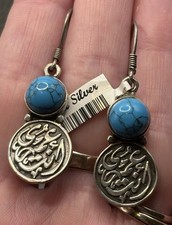 Vintage Blue Stone Sterling Silver Arabic Medallion Dangle Drop Earrings picture