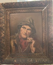 Antique 19th C Oil on Canvas Portrait Man Smoking Pipe Ornate Period Frame picture