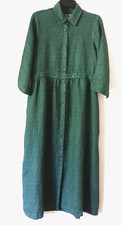FLAX Designs Linen PETITE Maxi Dress Collar Forest Green Button Up Pockets NEW picture