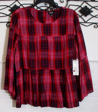 A.N.A Women's Top Size M Long Sleeve Multicolored Plaid Round Neck picture