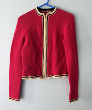 Vintage Handmade Red Wool Knit Cardigan Sweater Full Zip Crew Neck M Cream/Black picture