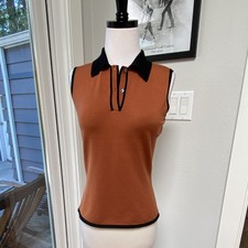Tail Tech Women’s Sleeveless Knit Polo Brown/Black Collar Trim Silk Blend S picture