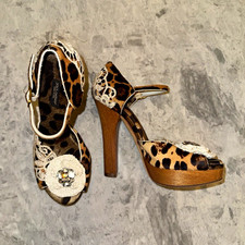 Dolce & Gabbana Vintage Leopard Calf Hair Platform Heels Crystal Rosette EU 39 picture