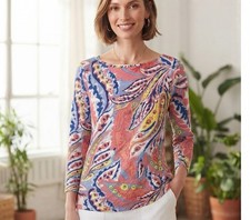 The Talbots Tee Pink Blue Paisley 3/4 Sleeve Bateau Neck Stretch Size XL Cotton picture