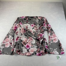 NWT INC International Concepts Wrap Blouse Top Womens Large Gray Floral Belted picture