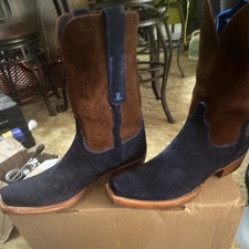 Lucchese Two-Tone Suede Western Cowboy Boots Blue Brown Pull-On picture