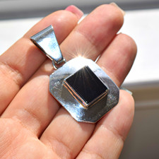 Vintage 925 Sterling Silver Black Onyx Octagon Pendant Geometric Modernist Large picture