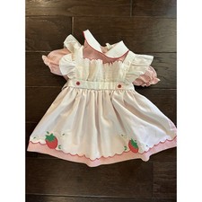 Vintage Baby Girl Dress 3-6 MO Strawberry Ruffles Faux Pinafore Red Stripes picture