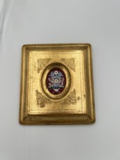 VTG Italian Spun Enamel Micro Mosaic Glass Flower Basket Gold Frame Wall Plaque picture