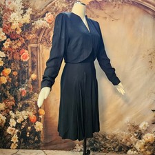 Vintage 1930s Black Crepe Dress Set Bolero Jacket Pleated Midi Pre-War Antique picture
