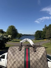Gucci GG Monogram Web Stripe Satchel Top Handle Zip, Dust Bag/Box, Gold picture