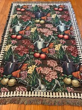 Vintage GARDEN TAPESTRY BLANKET Throw 68x45 Crown Crafts FRINGE Picket Fence picture