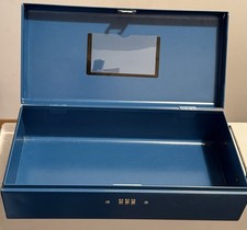 Vintage Durham Policy Box Blue Metal Document Box Sesamee Lock Instructions picture