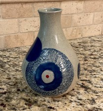MCM Studio Art CIRCLES EYE Ceramic Pottery Vase Handmade Blue 7” Signed picture