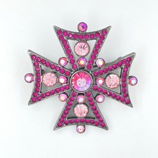 Vintage GIVENCHY Maltese Cross Brooch Pink Rhinestone Gunmetal Signed Pin picture