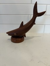Vintage Hand Carved Wood Shark Sculpture On Round Base picture