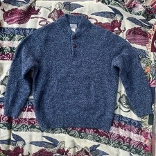 L.L.Bean Lambswool Knit Henley Sweater Large Blue 90s picture