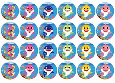 24x EDIBLE Baby Sharks Circle Cupcake Cookie Toppers Wafer Paper Sheet Uncut picture