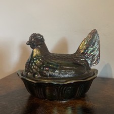 Fenton 5.5” Carnival Glass Hen on Nest Iridescent Amethyst picture