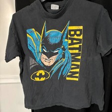1988 Batman DC Comics cotton t-shirt with blue Batman graphic and yellow text, s picture
