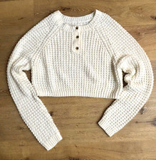 Aéropostale White Waffle-Knit Crew Neck Cropped Raglan Pullover Sweater M picture