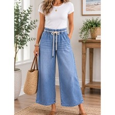 Kensie Jeans Easy Breezy Denim High Rise Wide Leg Ankle Belted Light Wash 8 Boho picture