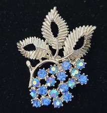 Vtg BSK Grape Leaf Brooch Blue Aurora Borealis Rhinestone Textured Silver Tone picture
