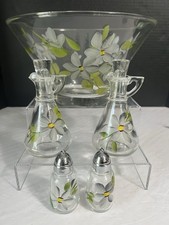 VTG Hazel Atlas Floral Hand Painted Salad Bowl~ Cruets~ Salt&Pepper Shakers~60’s picture
