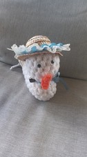 VTG Handmade Cute Crochet White Duck Shelf Decoration in Blue Ribbon & Straw Hat picture