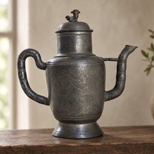 Antique 19th Century Chinese Pewter Teapot Qing Dynasty Foo Dog Lid Stamped Mark picture