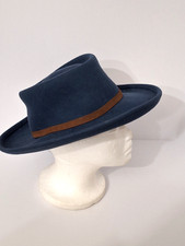 Vintage Hopeless Romantic Women's 100% Wool Fedora Hat Blue Felt Leather Strap picture