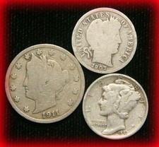 Old US Coin Estate Lot Silver Barber Dime Liberty Nickel Mercury Dime 3 Coin Set picture