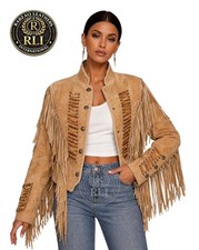Women Western Suede Leather Fringe Jacket Beaded Cowboy Vintage Coat Tan picture