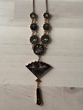 Signed Vintage Amita Japan 24k gold damascene fan pendant necklace mid century picture