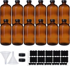 12 Pack 16 oz Amber Boston Round Glass Bottles with Black Caps for Secondary picture