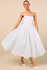 NWT Lulus Analeia Ivory Jacquard Lace-Up Strapless Midi Dress Size L  picture