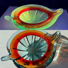 Vintage Murano Leaf Shaped Aqua Blue Red Art Glass Bowl UV Reactive Manganese picture