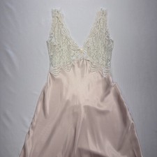 Vintage Circa 2000 Blush Pink Champagne Satin Slip Dress White Lace Bodice Small picture