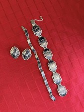 Vtg Siam Sterling Niello 2 Bracelets Earrings Set Black Silver Thailand picture