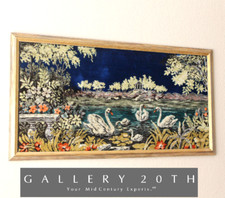 LOVELY PASTORAL LANDSCAPE TAPESTRY SWAN VTG 50'S MID CENTURY WALL ART PAINTING picture