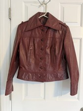 Rare 70s Vintage Burgundy E Aigner Oxblood Leather Cropped Moto Button Jacket 14 picture