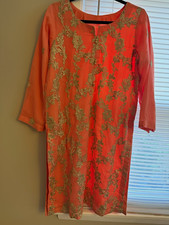 Handmade Women’s Orange Chiffon Embroidered Salwar Kameez Suit Dupatta M picture
