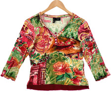 Zashi Women's Multicolor Floral Cotton Long Sleeve Beaded Blouse Top Size Small picture