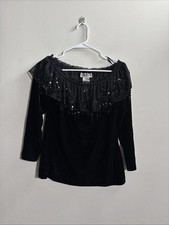 VTG Cachet Blouse Black Velvet Off Shoulder Mesh Floral Sequin Stretch EUC Sz L picture